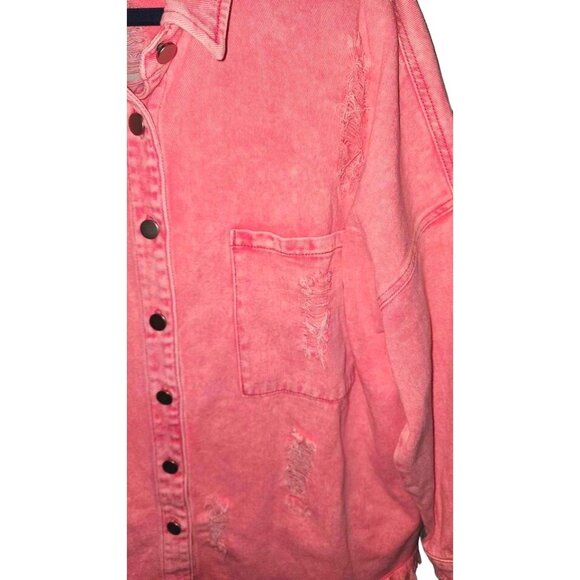 Vintage Pink Distressed Denim Jacket With Frayed Hem & Button Front Large - Picture 6 of 9